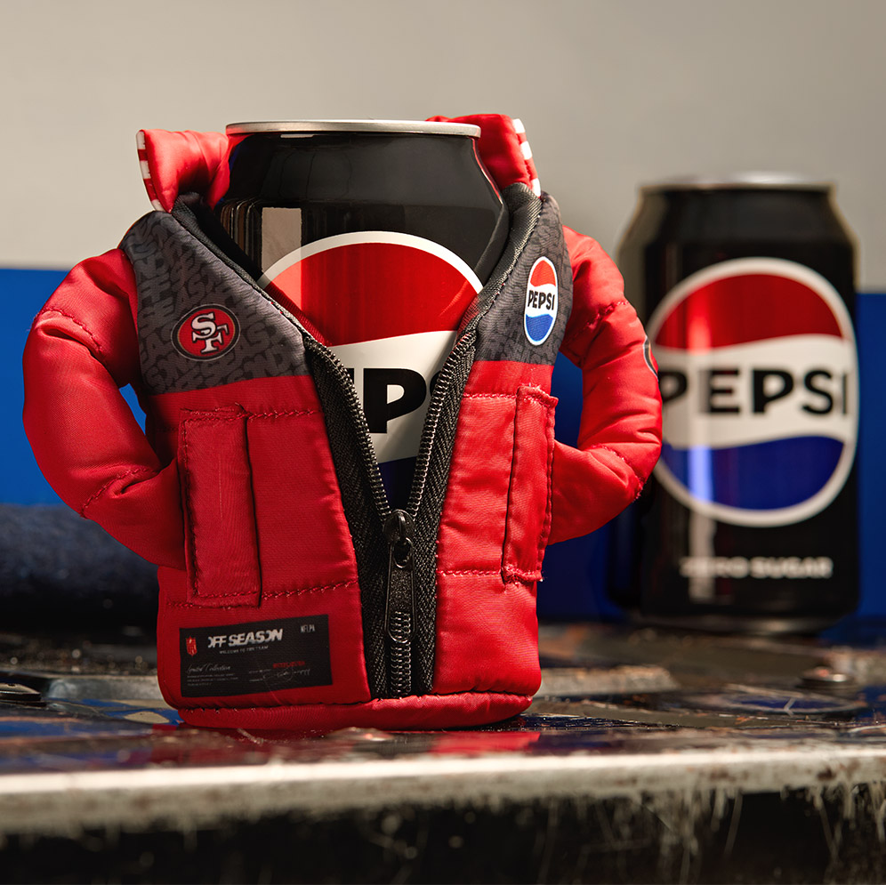 Red San Francisco 49ers miniature Pepsi can puffer jacket